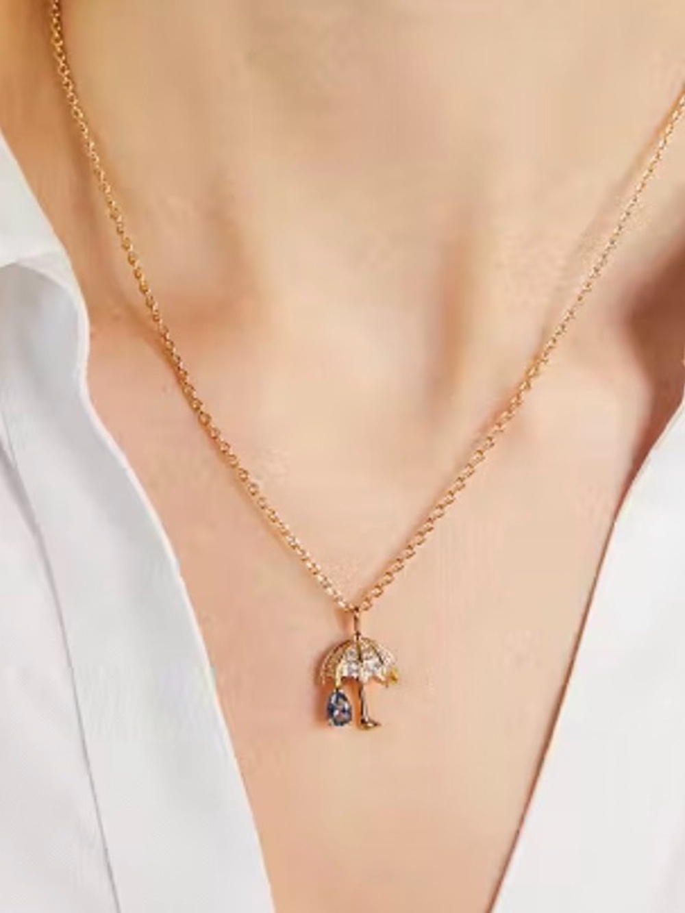 Kate Spade Rain or Shine Necklace Pendant Gold, blue, yellow Umbrella Sun- EUC